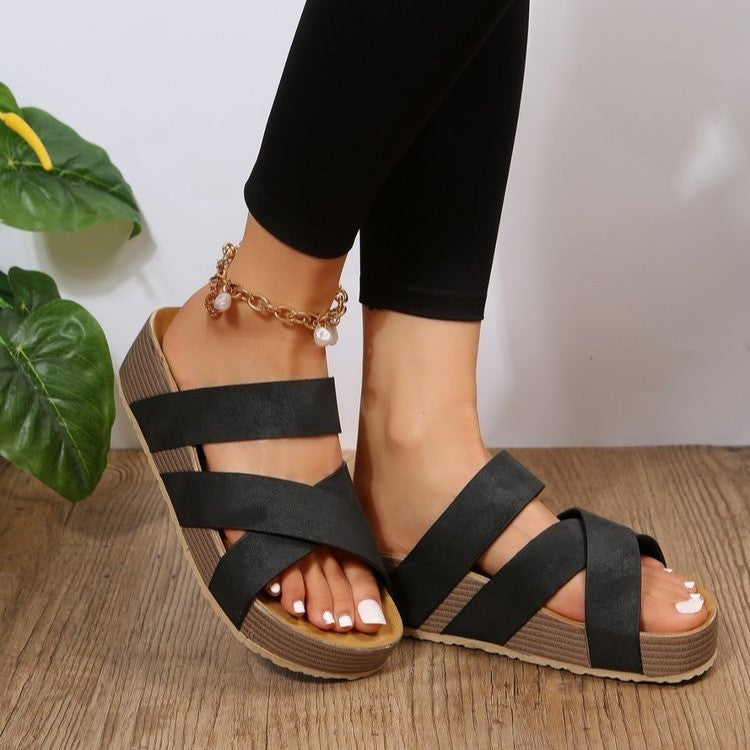 Woven Cross-strap Slippers Summer Platform Sandals Women Flat Beach Shoes