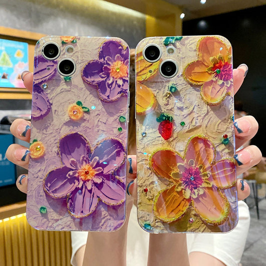 Mobile Phone Case Oil Painting Flower Blue Light Inlaid With Diamond Drop Glue Soft