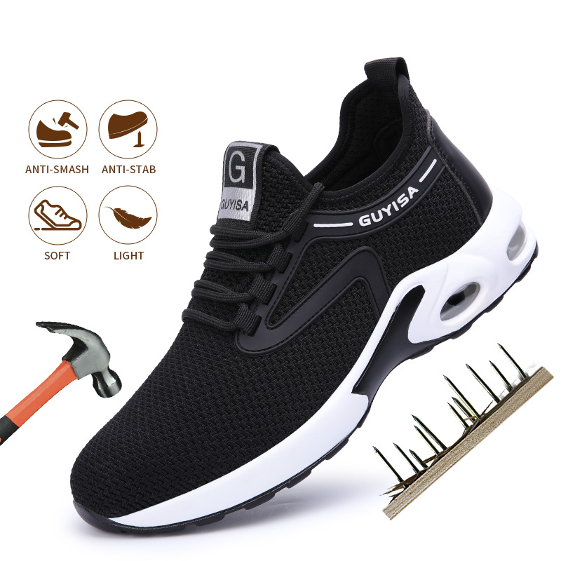 Black Sneakers Men Work Safety Shoes Lightweight Breathable For Gym Travel Work Casual Tennis Running Shoes