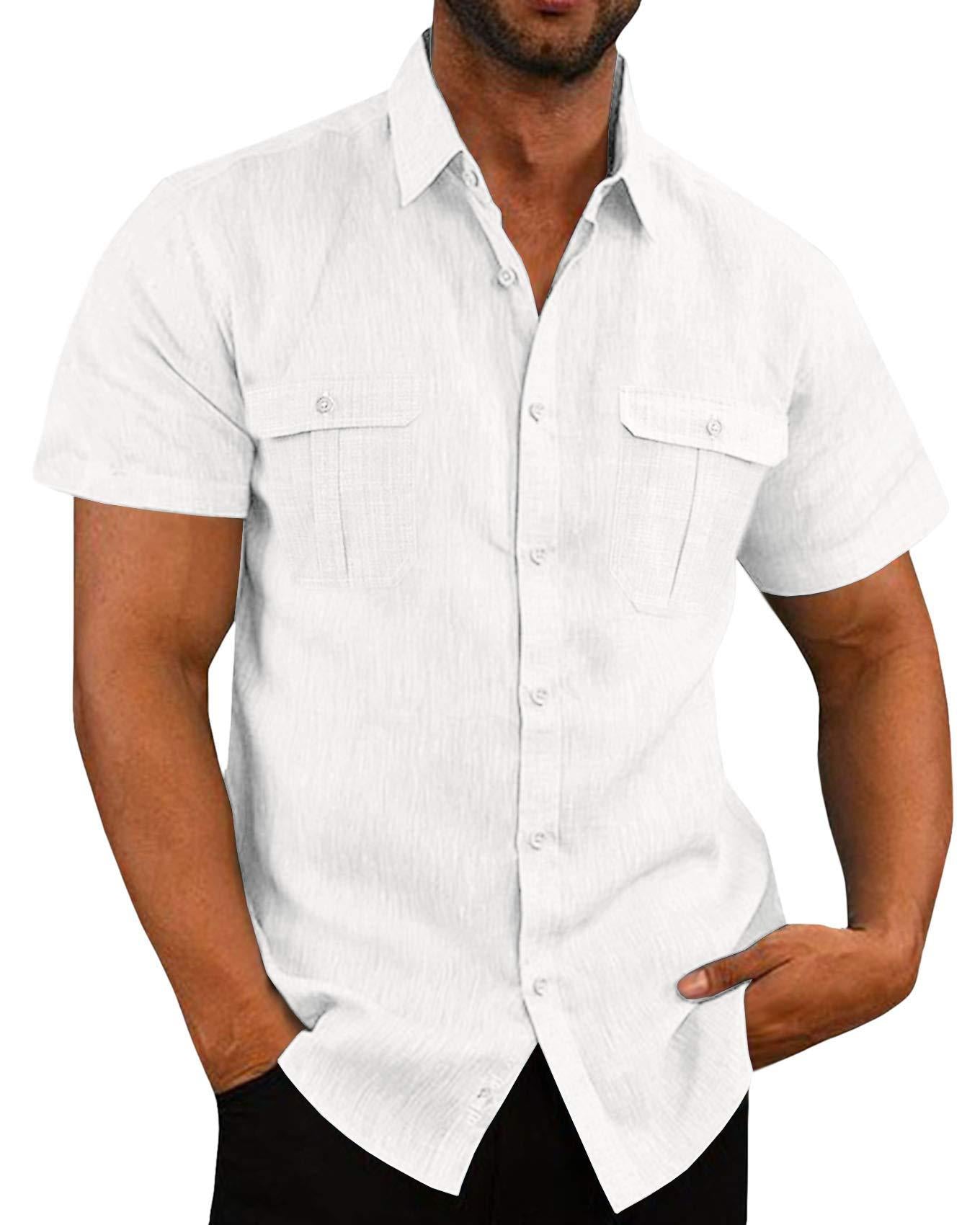 Men's Button Short Sleeve Shirt Summer Casual Double Pocket Wide Collar Beach Shirt Summer