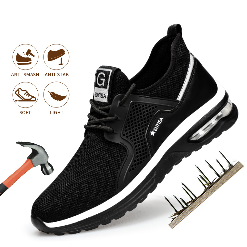 Black Sneakers Men Work Safety Shoes Lightweight Breathable For Gym Travel Work Casual Tennis Running Shoes