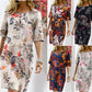 Vintage Dress Women Summer Floral Leaf Print Slit Round Neck Half Sleeve Dresses