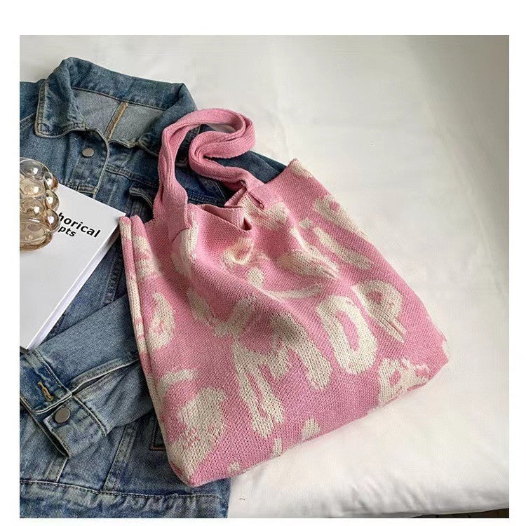 Letter Printed Knit Bag Fashion Shopping Shoulder Bag Large Capacity Handbag