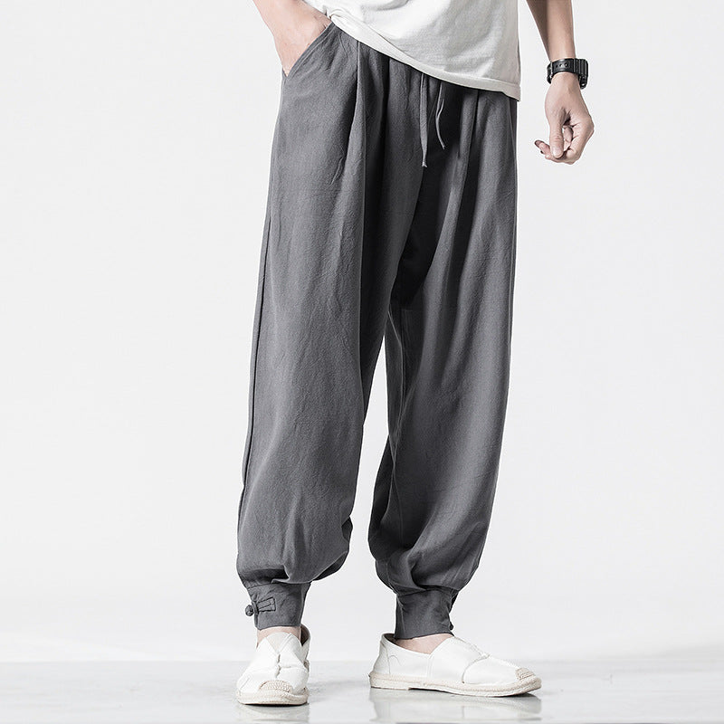 Chinese style cotton and linen casual trousers loose harem pants bloomers