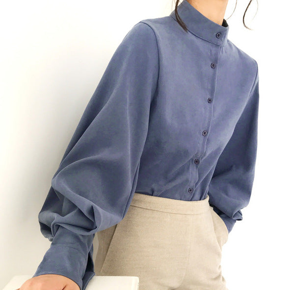 Ladies Lantern Sleeve Shirt with Stand Collar