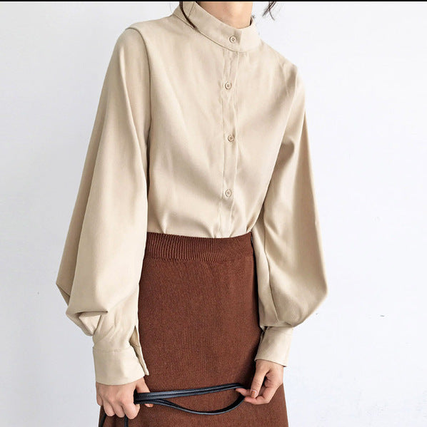 Ladies Lantern Sleeve Shirt with Stand Collar