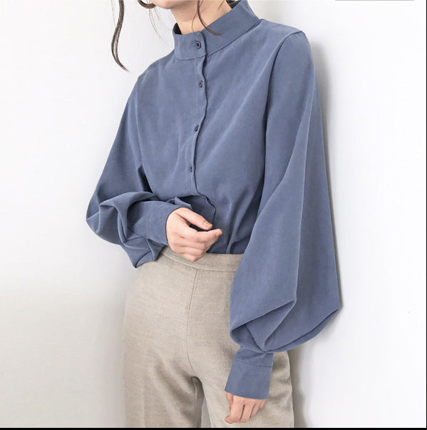 Ladies Lantern Sleeve Shirt with Stand Collar