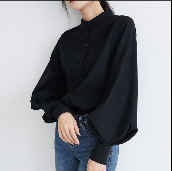 Ladies Lantern Sleeve Shirt with Stand Collar