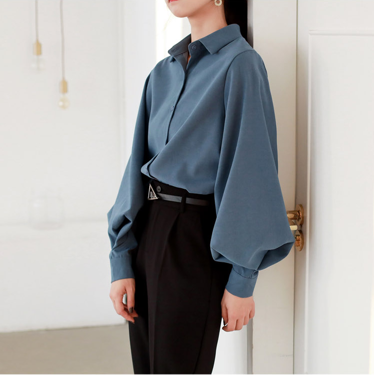 Ladies Lantern Sleeve Shirt with Stand Collar