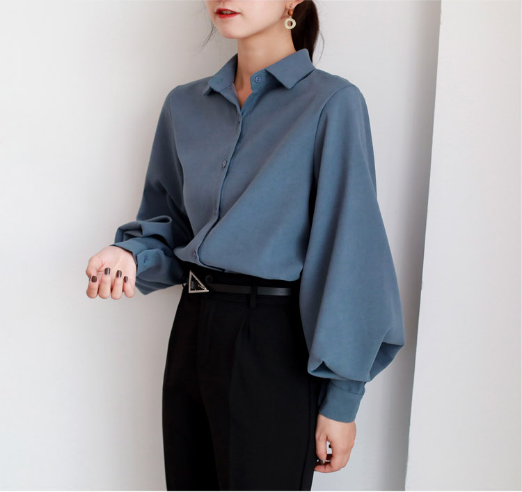 Ladies Lantern Sleeve Shirt with Stand Collar