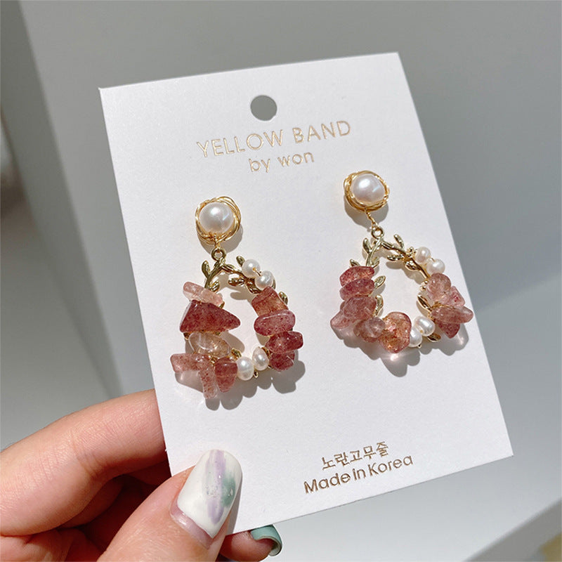 Pearl Earrings Temperament Super Fairy Crystal Net Red Earrings Design Leaf Earrings