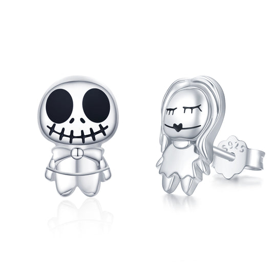 Sterling Silver Jack and Sally Stud Earrings Skull Halloween Nightmare Before Christmas Jewelry