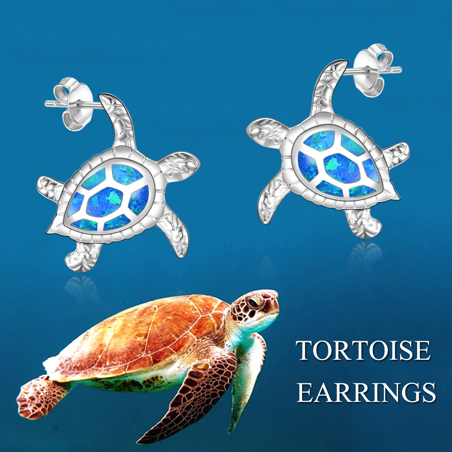 Sterling Silver Sea Turtle Earrings Blue Opal Ocean Stud Earrings