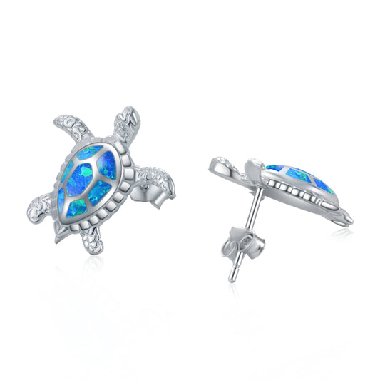 Sterling Silver Sea Turtle Earrings Blue Opal Ocean Stud Earrings
